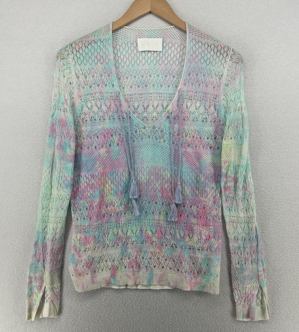 ZADIG & VOLTAIRE Sweater XS Delvy Co Splash Pointelle Tasseled Tie Dye Blue
